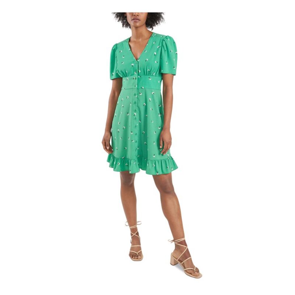 RILEY&RAE Womens Green Ruffled Button-front Short Sleeve V Neck Short Dress 0